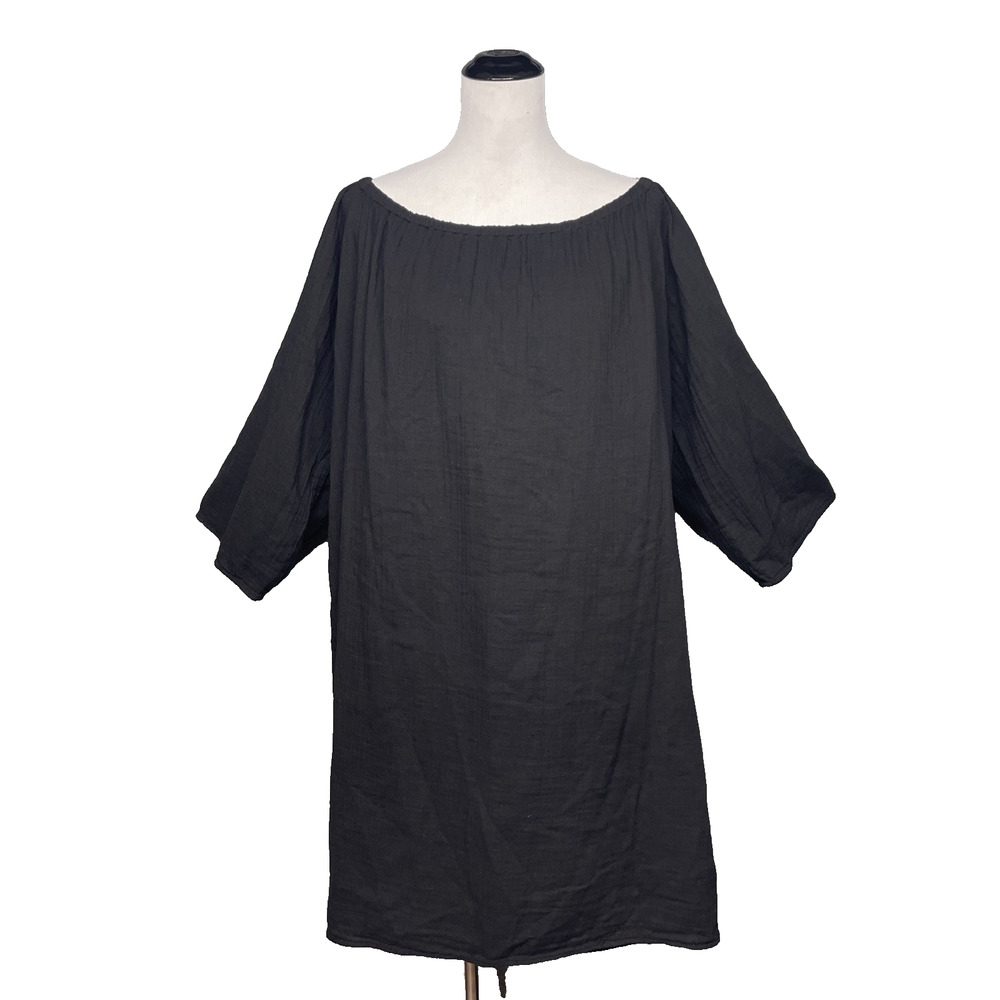 STARK X Womens Large Black Gauze Cotton Oversized Tunic Dress Scoop Neck USA